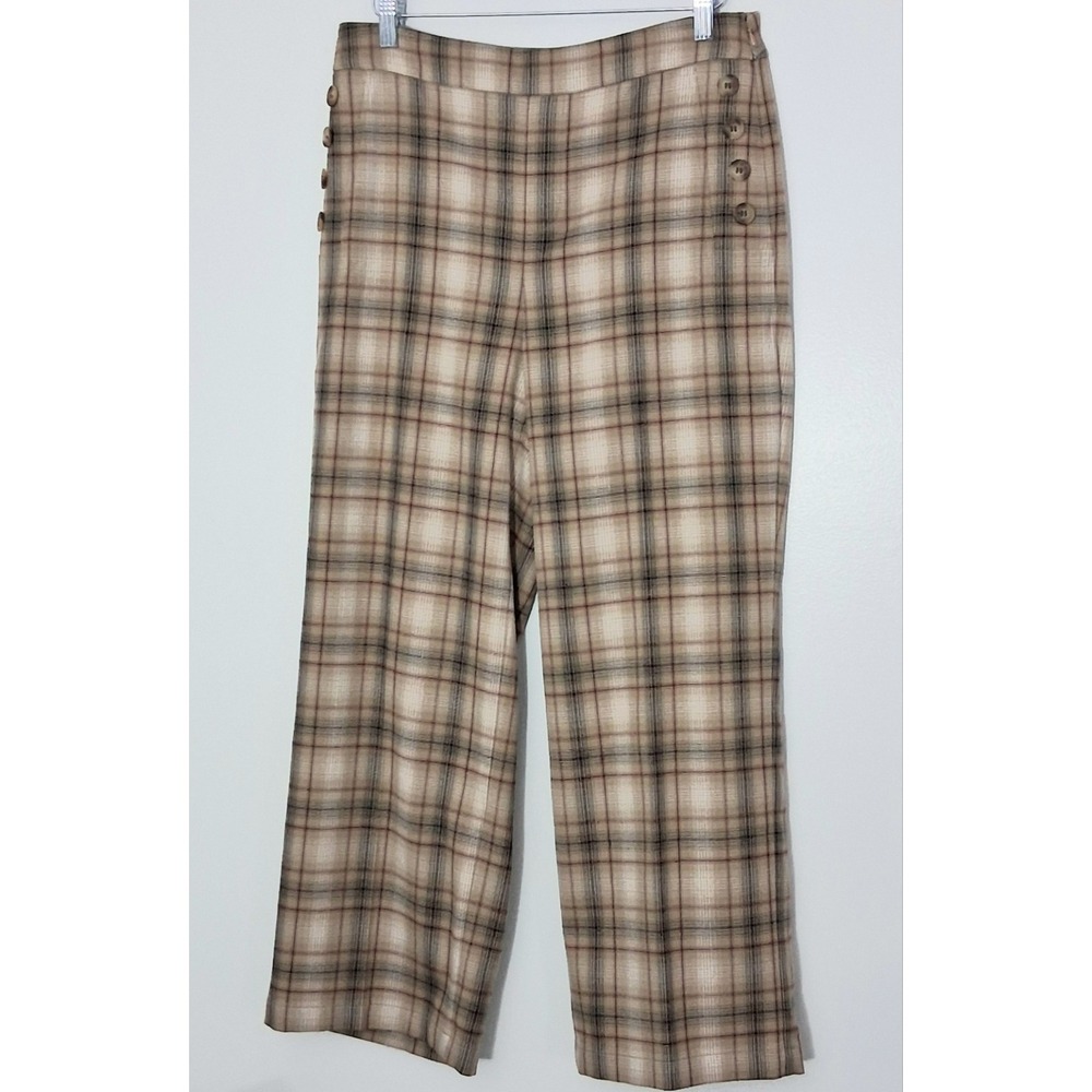 Loft Pants Women's Size 6 High Rise Wide Leg Plaid Button Preppy Career Cropped